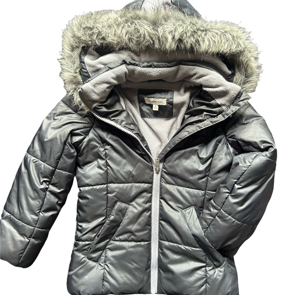 Calvin Klein Silver Puffer Jacket with Faux Fur Hood